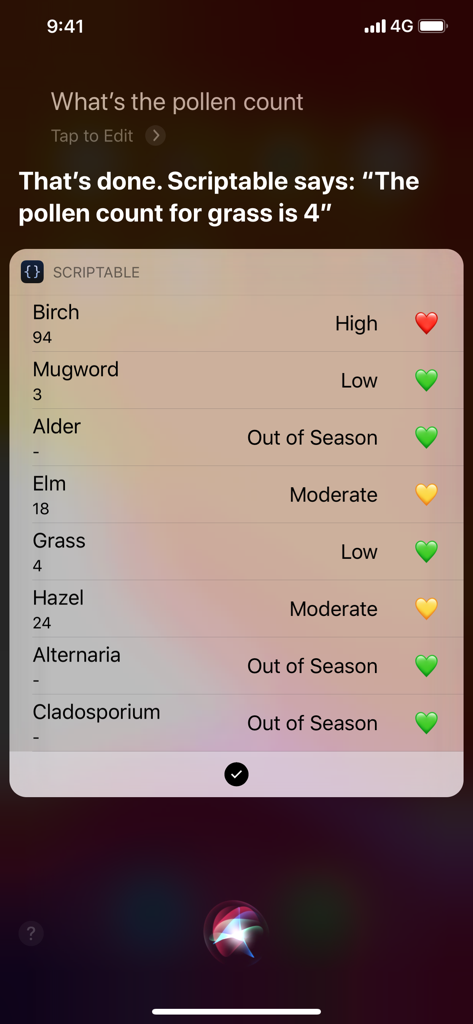 Scriptable - Atajo de Siri que muestra una lista personalizada de recuento de polen de la aplicación Scriptable