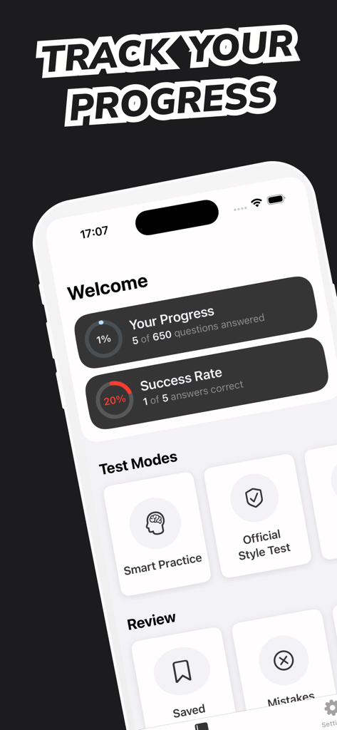 Interfaz de la aplicación Boeing 737 Type Rating Prep que muestra la tasa de éxito del seguimiento del progreso y los modos de prueba