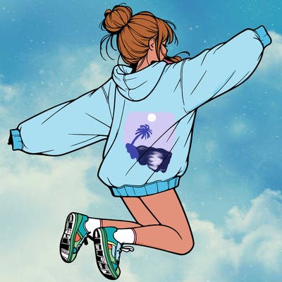 realistic girl jumping with a bun and oversized sweatshirt