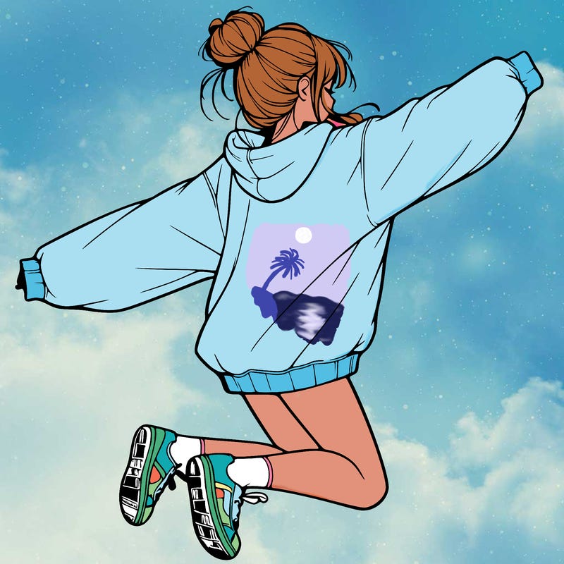 realistic girl jumping with a bun and oversized sweatshirt