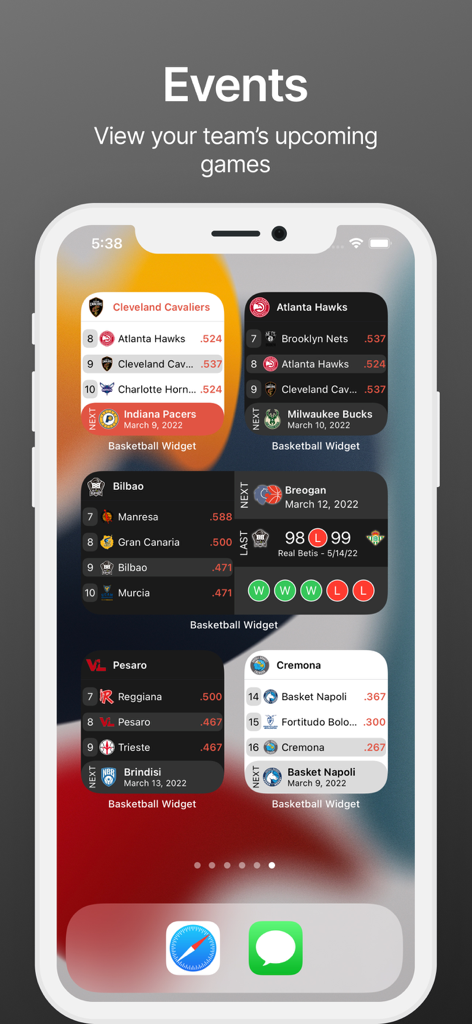 Standings - Basketball Widget - iPhone home screen showing several basketball widgets with standings and upcoming game events for different teams