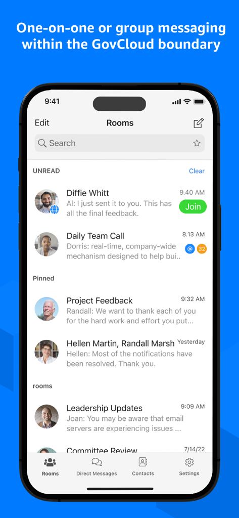 AWS WickrGov - Schermata mobile di AWS WickrGov che mostra stanze di messaggistica di gruppo sicure per la collaborazione governativa e del settore pubblico