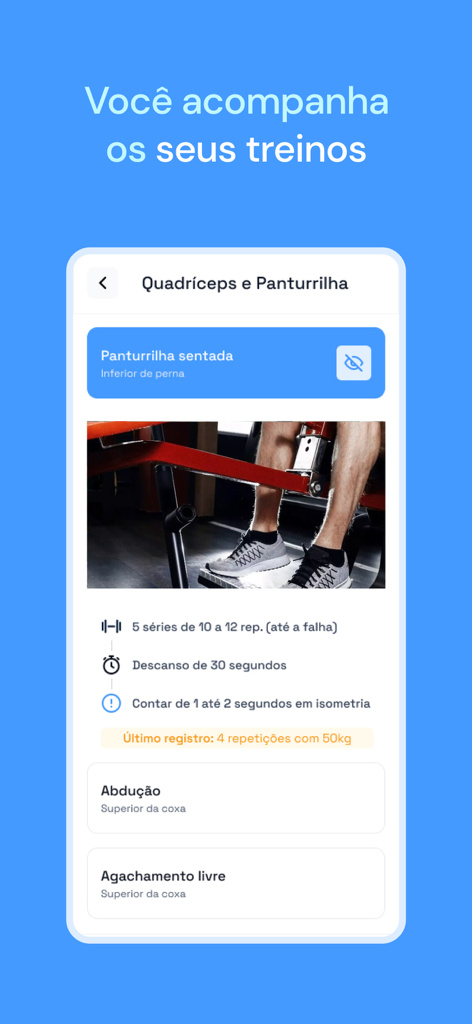 Prime Coaching - Tela de rastreamento de treino no aplicativo Prime Coaching mostrando detalhes do exercício de panturrilha sentada com séries e repetições.