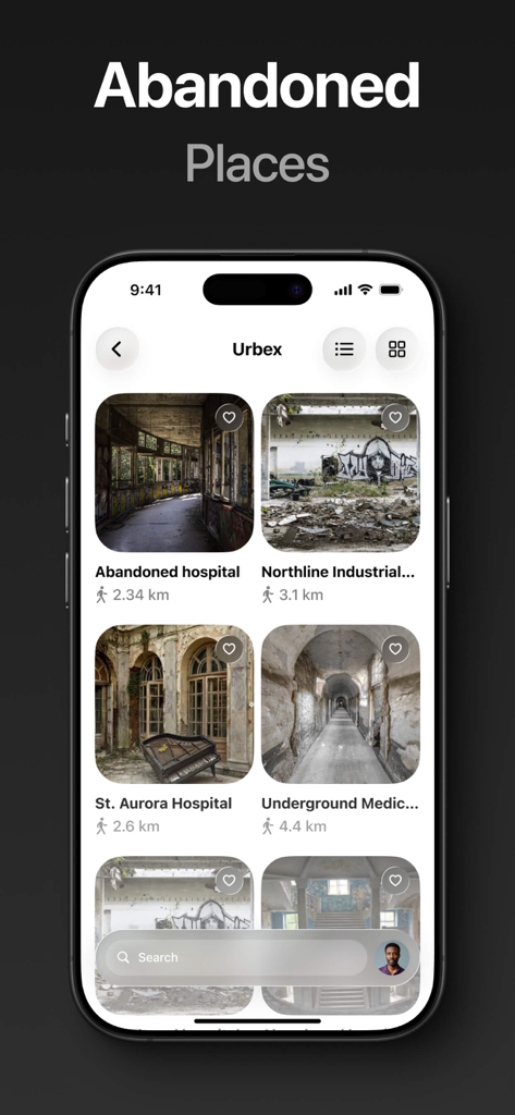 Uma interface móvel do aplicativo Urbex exibindo uma galeria de locais abandonados com fotos e distâncias para exploração urbana.