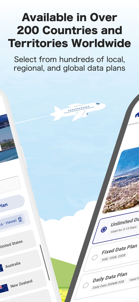 Bildschirm der World-eSIM App, der globale Datentarife für über 200 Länder anzeigt