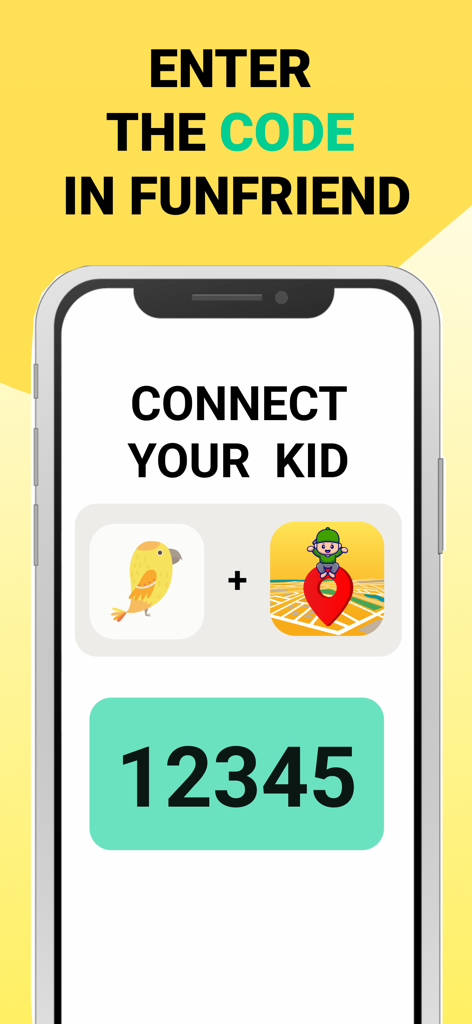 Geopapa: GPS location tracker - Mobile screen showing a five digit pairing code to connect the Geopapa and Funfriend apps