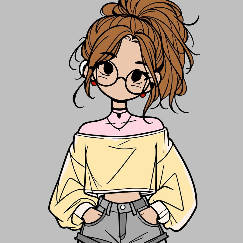 girl with a messy ponytail glasses a baggy crop top and jean shorts