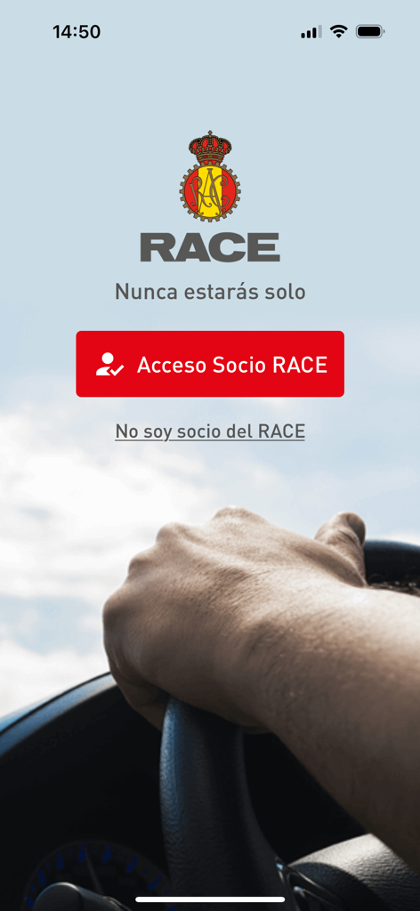 RACE SOS Asistencia - Écran d'accueil de l'application RACE SOS Asistencia avec le bouton de connexion membre et un fond de volant