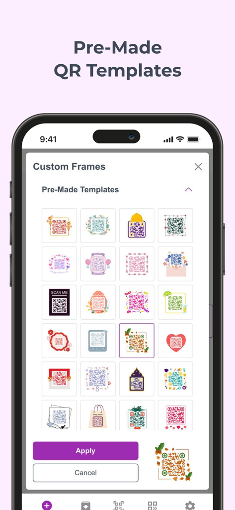 Selection of decorative pre-made QR code templates in the Me QR app