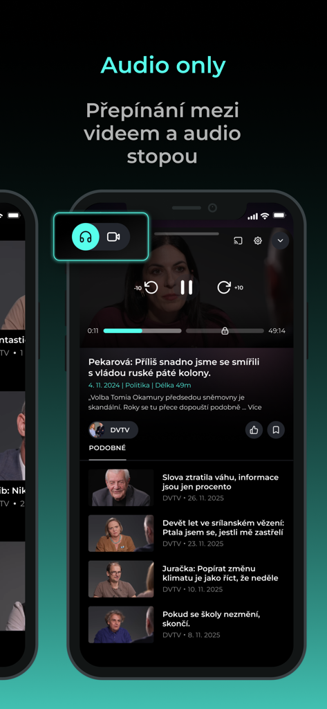 Screenshot of the DVTV app interface showing the audio only mode toggle for video interviews