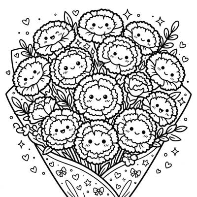 Discover the delightful charm of this Kawaii Carnation Bouquet, where every flower smiles back at you. This heartwarming coloring page offers a perfect blend of cute artistry and floral beauty for a relaxing creative escape.