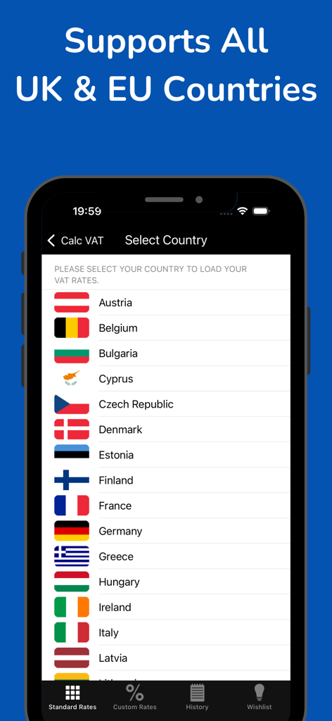 Calc VAT – UK VAT Calculator - Calc VATアプリのインターフェース。英国とEUの国リストを表示し、現地の税率を選択できます。