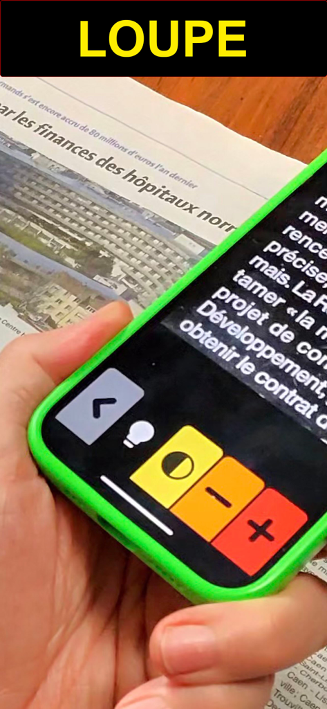 Loupe DMLA - A person using the Loupe DMLA app on a smartphone to magnify newspaper text with high contrast.