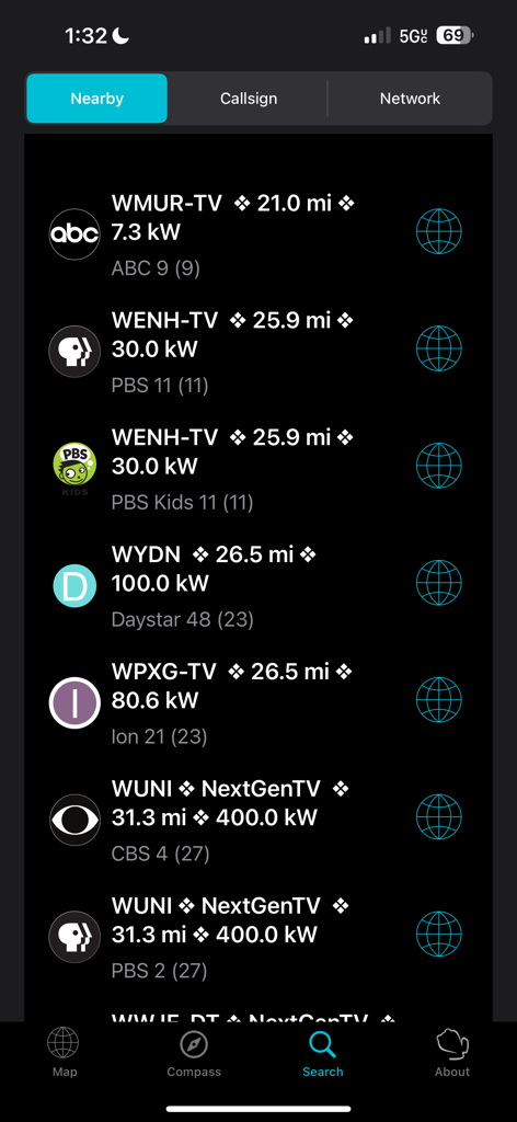 A list of nearby TV stations in the TV Towers USA app showing call signs, distance, and signal power.