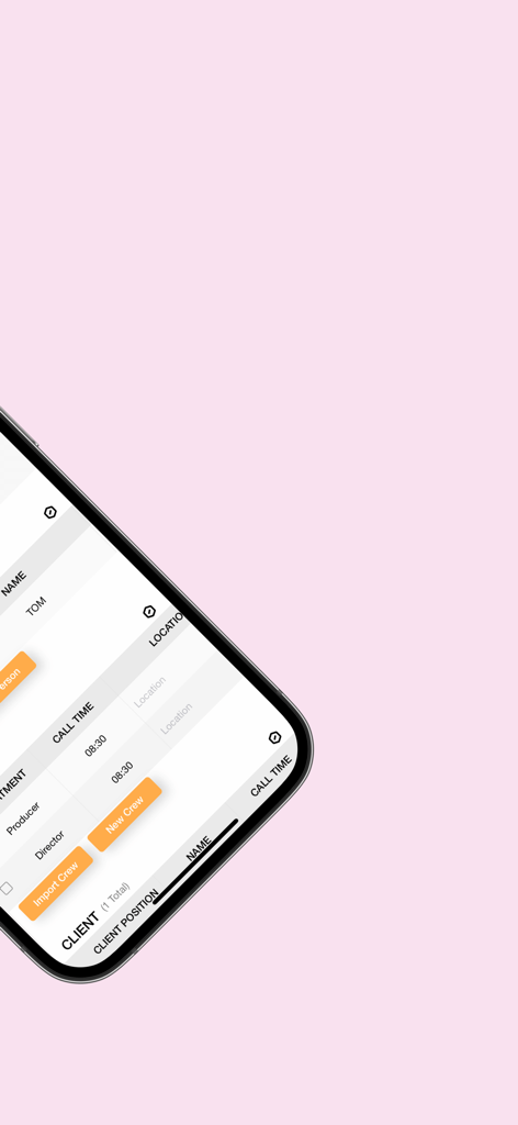 Digital call sheet interface in Previs Shot showing crew names departments and scheduled call times