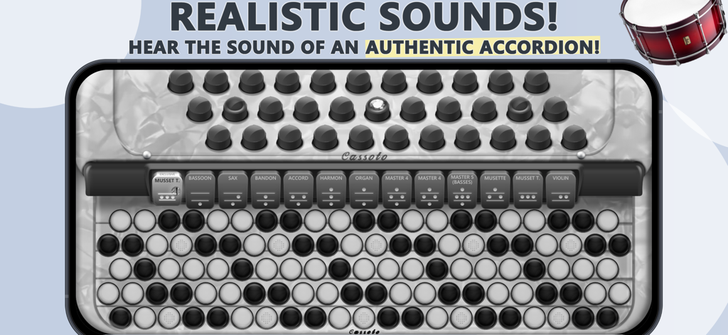 Accordion Chromatic Button - Interfaz de acordeón cromático de botones virtual con múltiples registros y sonidos realistas.