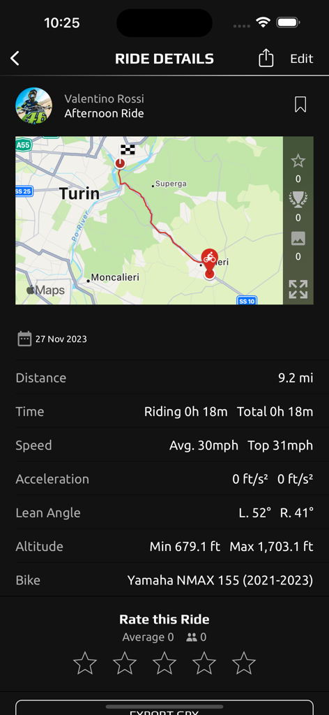 MyRide – Motorcycle Routes - Motorcycle ride details screen showing route map and performance stats like lean angle and speed