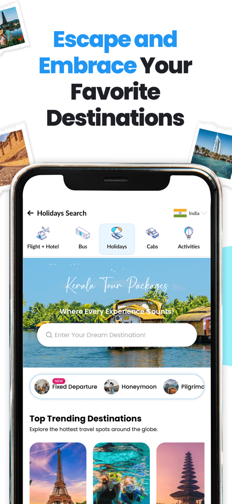 EaseMyTrip app holiday search interface showing Kerala tour packages and global travel destinations