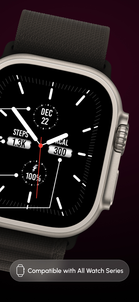 Watch Faces & Wallpapers - Custom black analog watch face on Apple Watch Ultra showing steps and battery life