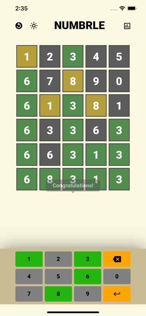 Numbrle - Numbrle app screen showing a solved 5-digit number puzzle with a congratulations message