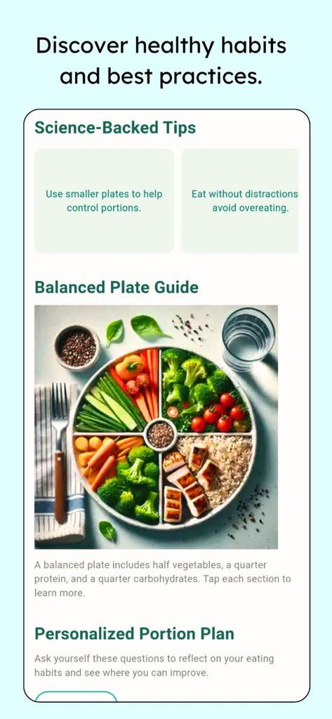 Healthyhold - Tela do aplicativo HealthyHold apresentando dicas de nutrição com base científica e um guia de porções de prato balanceado