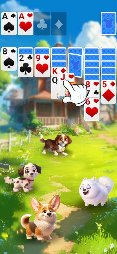 Solitaire Pets Town - Solitaire card game being played over a background of cute puppies in a town setting