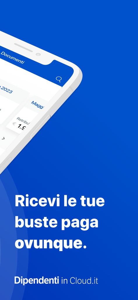 Uma tela de smartphone móvel apresentando o texto Receba seus holerites em qualquer lugar para o aplicativo Dipendenti in Cloud