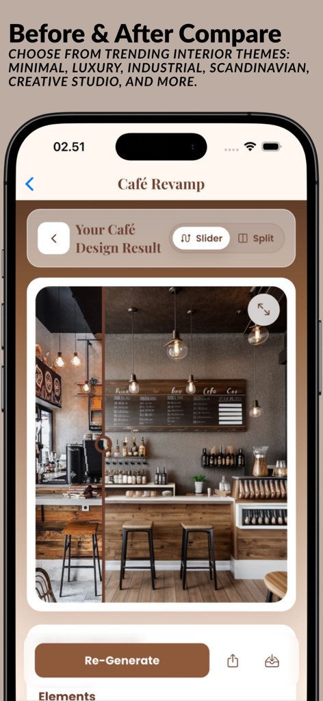 A smartphone screenshot of the AI Cafe app showing a before and after comparison slider for an industrial style room decoration
