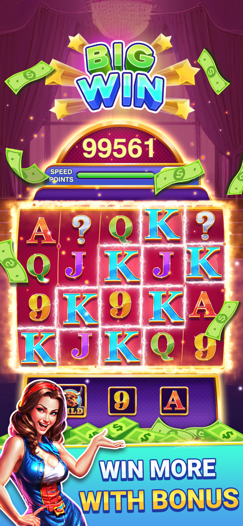 Real Slots: Win Real Money - Real Slots mobile game interface showing a big win celebration with falling cash and bonus symbols