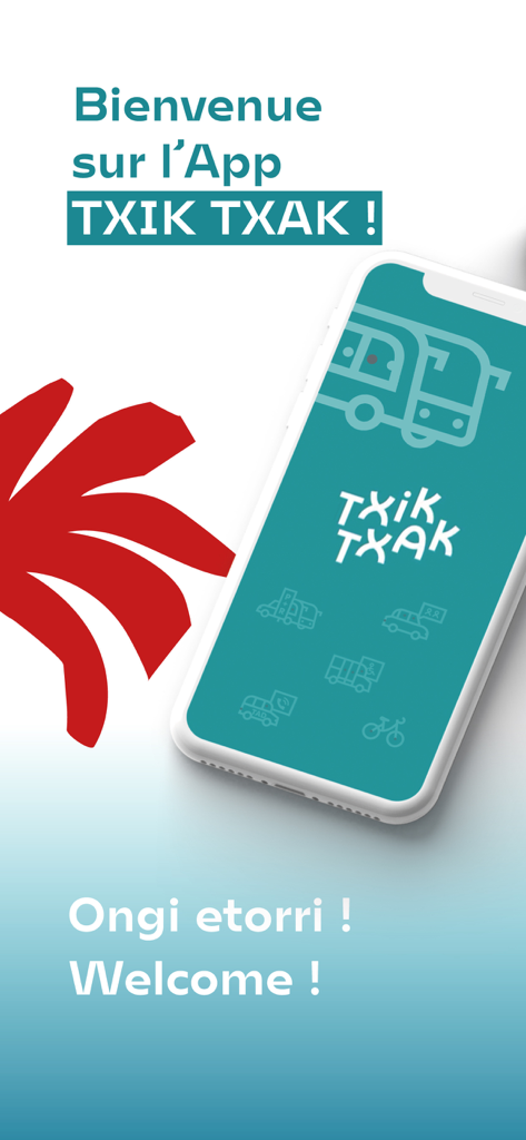 TXIK TXAK - Écran d'accueil de l'application mobile TXIK TXAK montrant des icônes de transport multimodal et des salutations en français, basque et anglais.