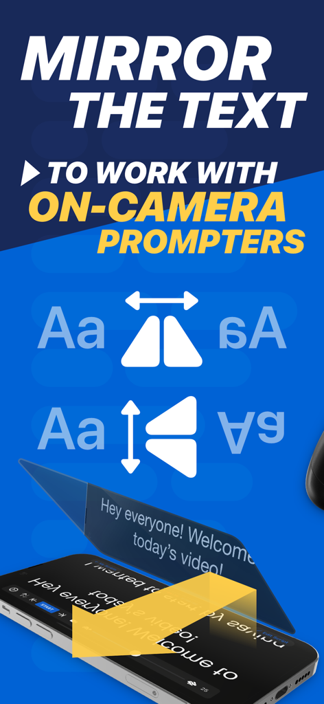 Teleprompter Pro - Graphic showing horizontal and vertical text mirroring options for use with professional on-camera teleprompter rigs