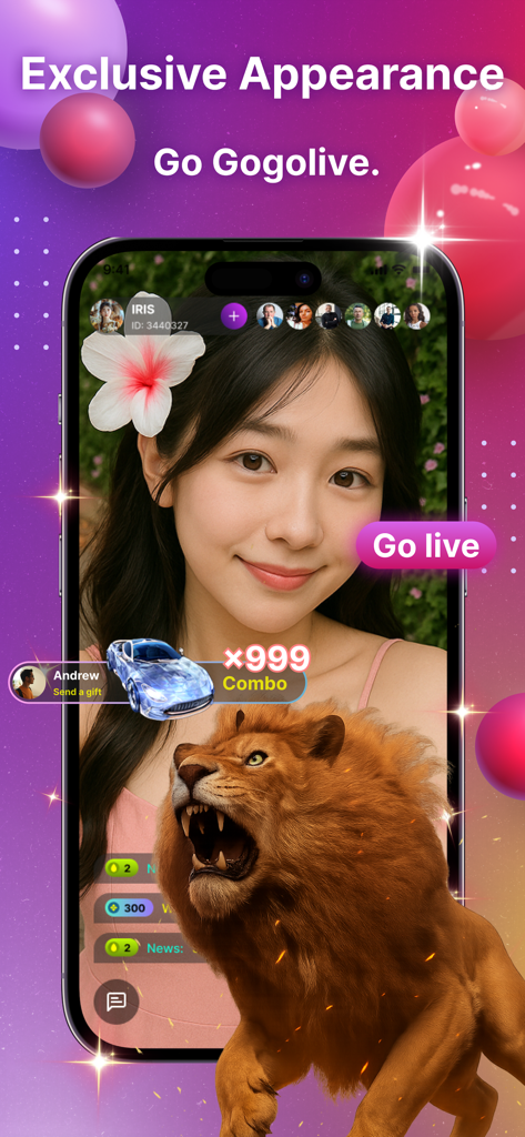 GOGOLIVE Video–Go Live, Chat - GOGOLIVE mobile app interface showing a live stream with animated virtual gifts