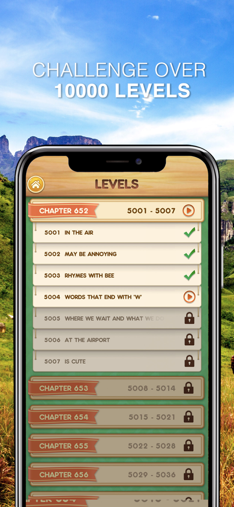 Word Free Time - Word Free Time level selection screen showing various themed chapters and puzzles