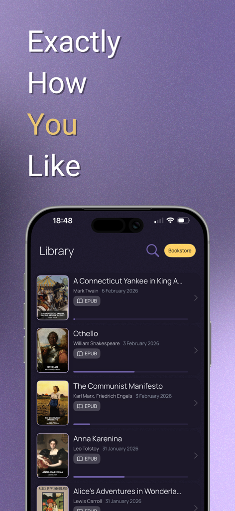 Fabl – Immersive Reading - The library screen of the Fabl app featuring classic literature like Othello and Anna Karenina
