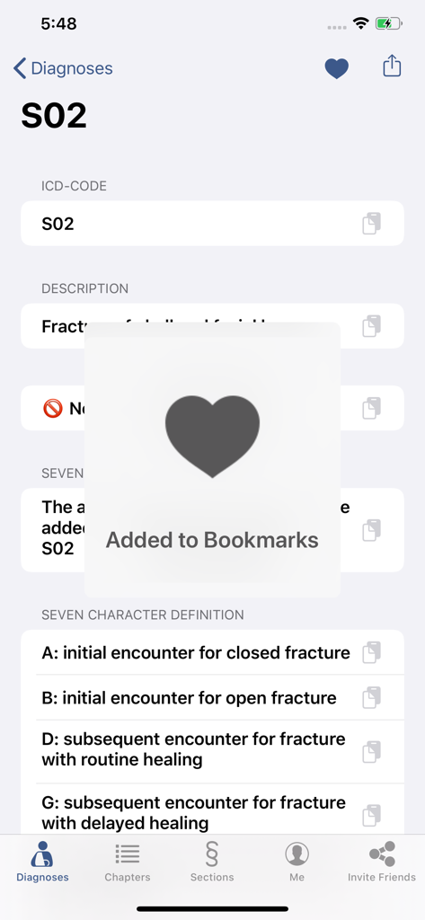 ICD-10 CM app interface showing a diagnostic code being added to bookmarks with a heart icon overlay