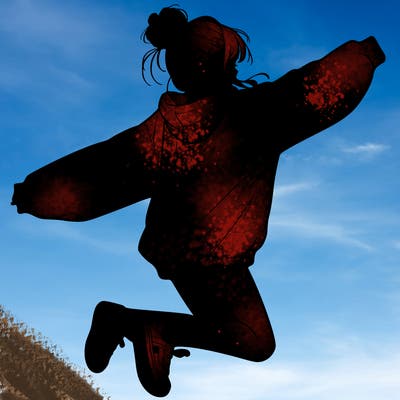 realistic girl jumping with a bun and oversized sweatshirt