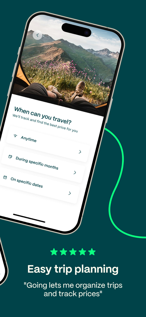Going app interface showing flight scheduling options and a five star user review
