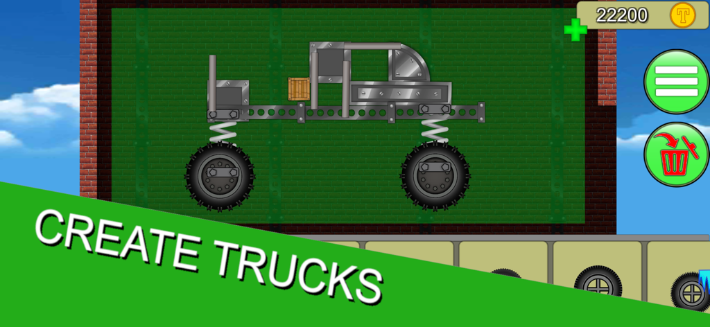 Un camión personalizado siendo construido en el garaje del juego Car Craft con ruedas grandes y chasis metálico.