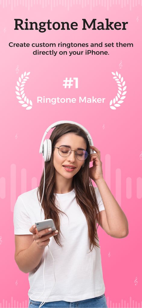 Ringtone Maker – Set & Export - A woman using headphones and her iPhone to create custom ringtones on a pink background with the Ringtone Maker app.