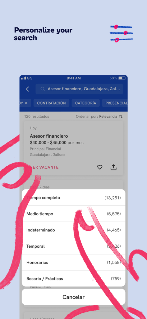 Die Benutzeroberfläche der OCC Job Search App zeigt personalisierte Suchfilter für Stellenangebote.