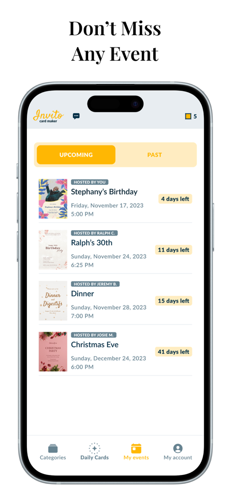 Invitation Maker Wedding Cards - Smartphone screen showing a list of upcoming social events and invitations in the Invitation Maker app