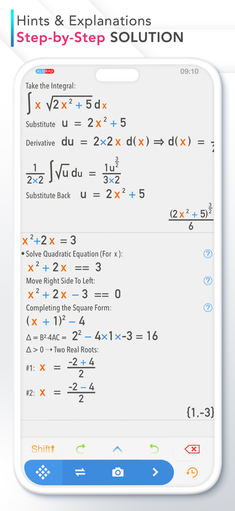 Calculator # - Aplicación de calculadora que muestra soluciones paso a paso para ecuaciones integrales y cuadráticas.