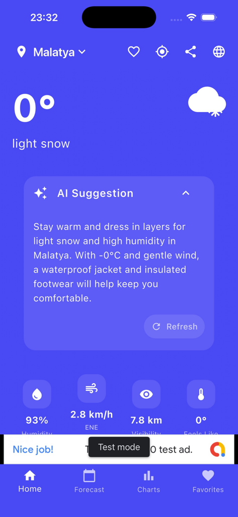 AiWeather -Ai Weather Forecast - Pantalla de inicio de la aplicación AiWeather que muestra la temperatura actual y recomendaciones de vestimenta generadas por IA