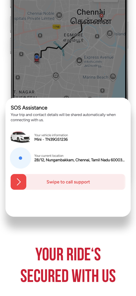 Red Taxi mobile app screenshot showing the SOS assistance screen with vehicle details location tracking and a swipe to call support button for safety