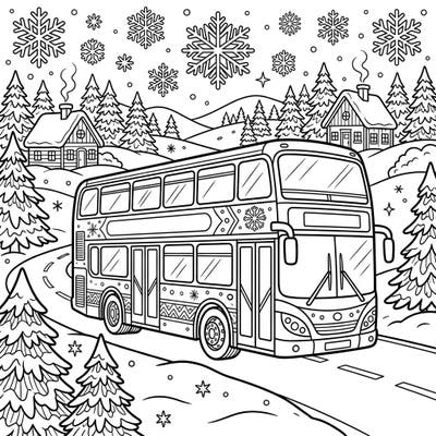 Hop aboard a festive double-decker bus as it journeys through a picturesque winter scene. This delightful coloring page is thoughtfully designed for seniors, offering clear outlines and charming details for a relaxing creative experience.