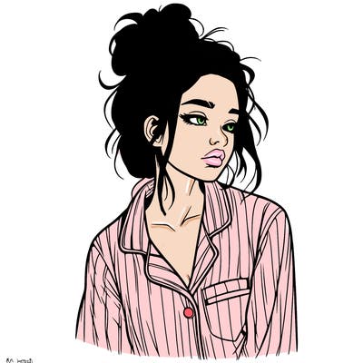 realistic woman with pajamas on and a messy bun