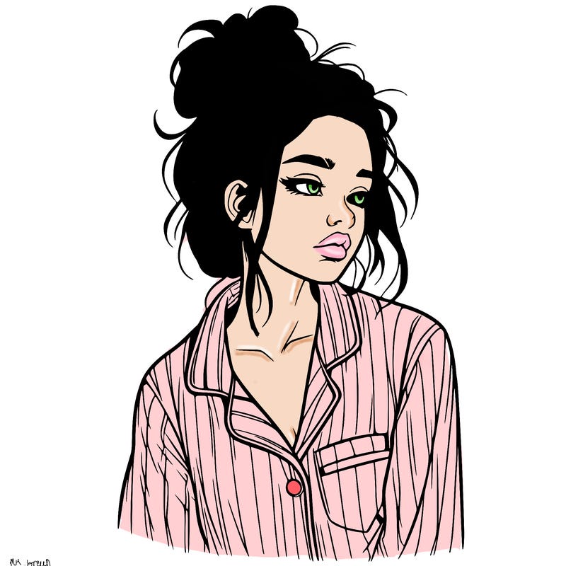 realistic woman with pajamas on and a messy bun