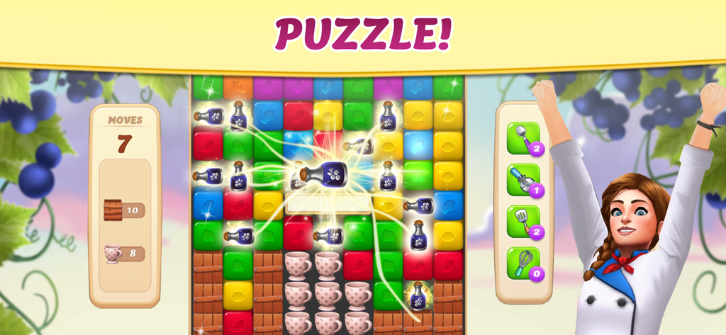 Gameplay de niveau de puzzle match-3 de Vineyard Valley avec un personnage célébrant et des blocs colorés