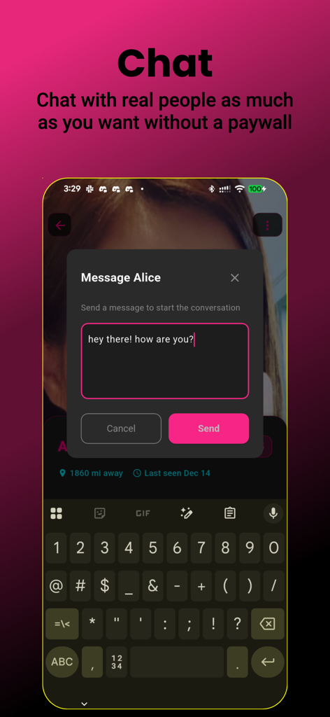 LezFindr: Lesbian Dating App - 다른 사용자와 대화 시작을 알리는 메시지 팝업을 보여주는 LezFindr 앱의 채팅 인터페이스 스크린샷