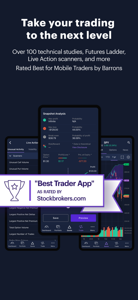 Power E*TRADE-Advanced Trading - Power ETRADE mobile app interface with advanced trading features and industry award badge